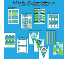Monkey Polka Dot Birthday Party Printable Collection - Blue Green
